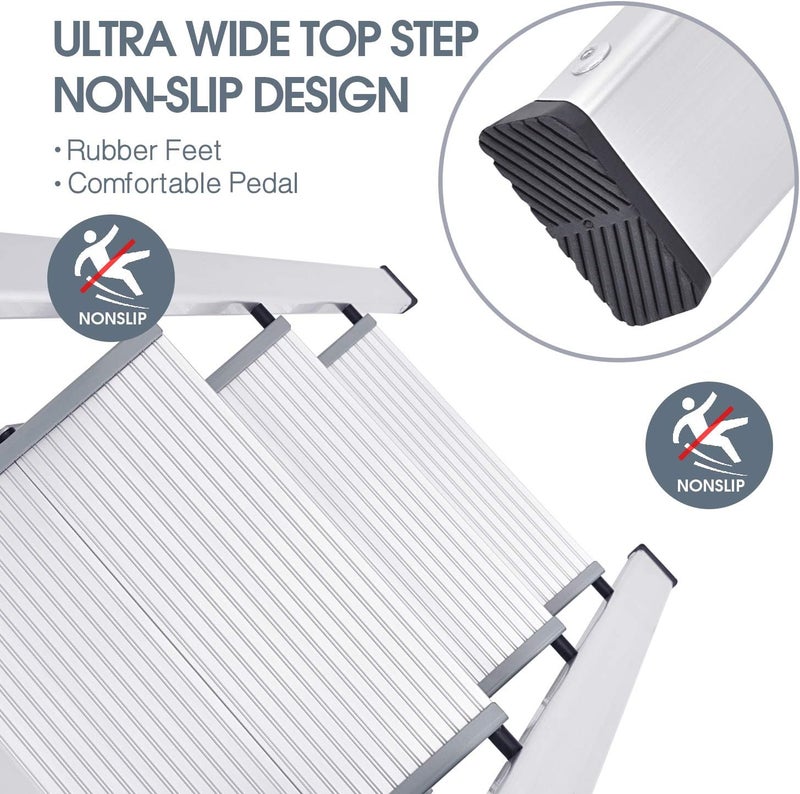 KINGRACK Aluminium 3 Step Ladder, Lightweight Step Stool with Non-Slip Pedals, Handrail, 330 LBS Foldable Step Ladder for Kitchen, Garage, Home, Space Saving, Sturdy and Portable, Silver - Image 3
